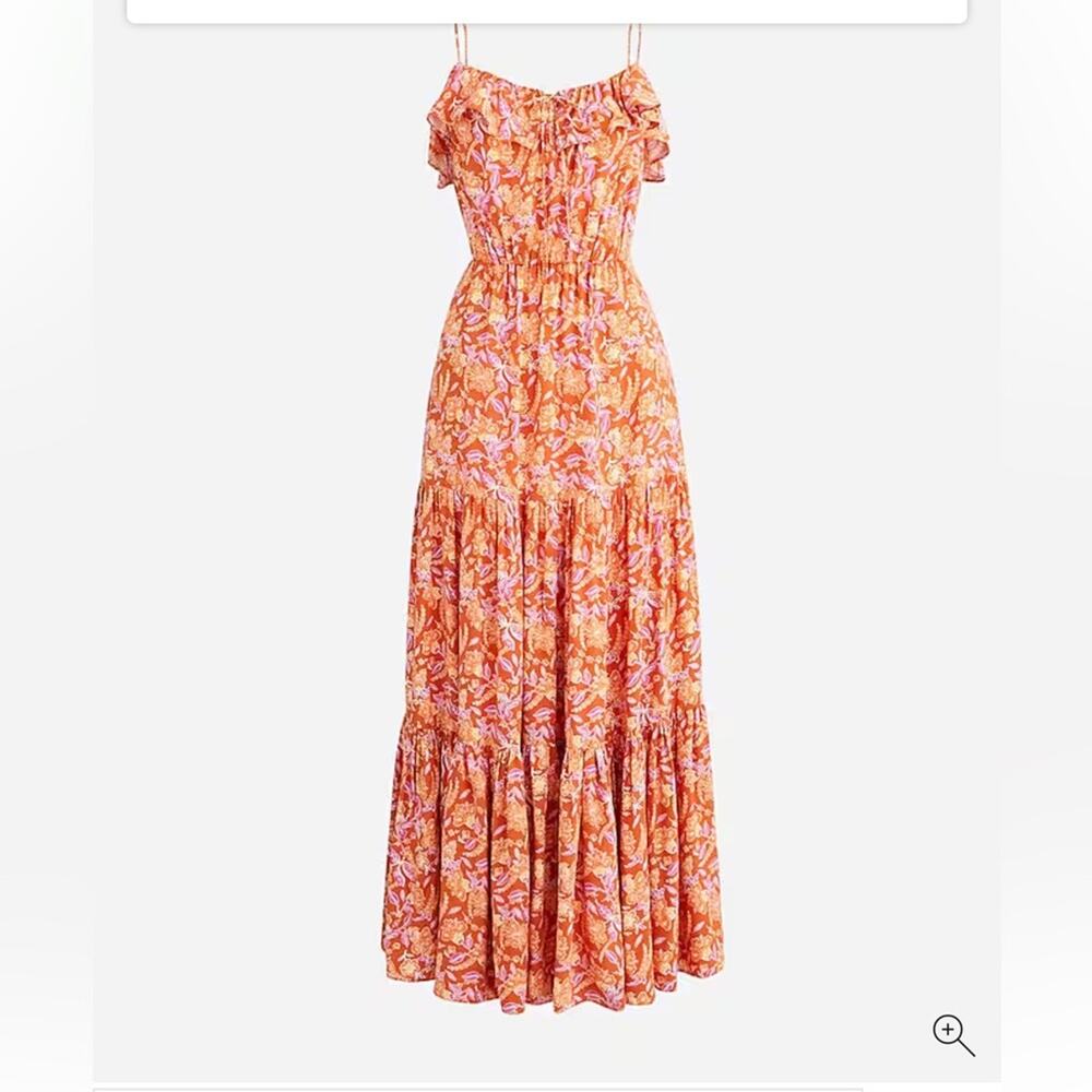 J.Crew Floral Print Tiered Maxi Dress Sleeveless Orange Purple Ruffle Size XL